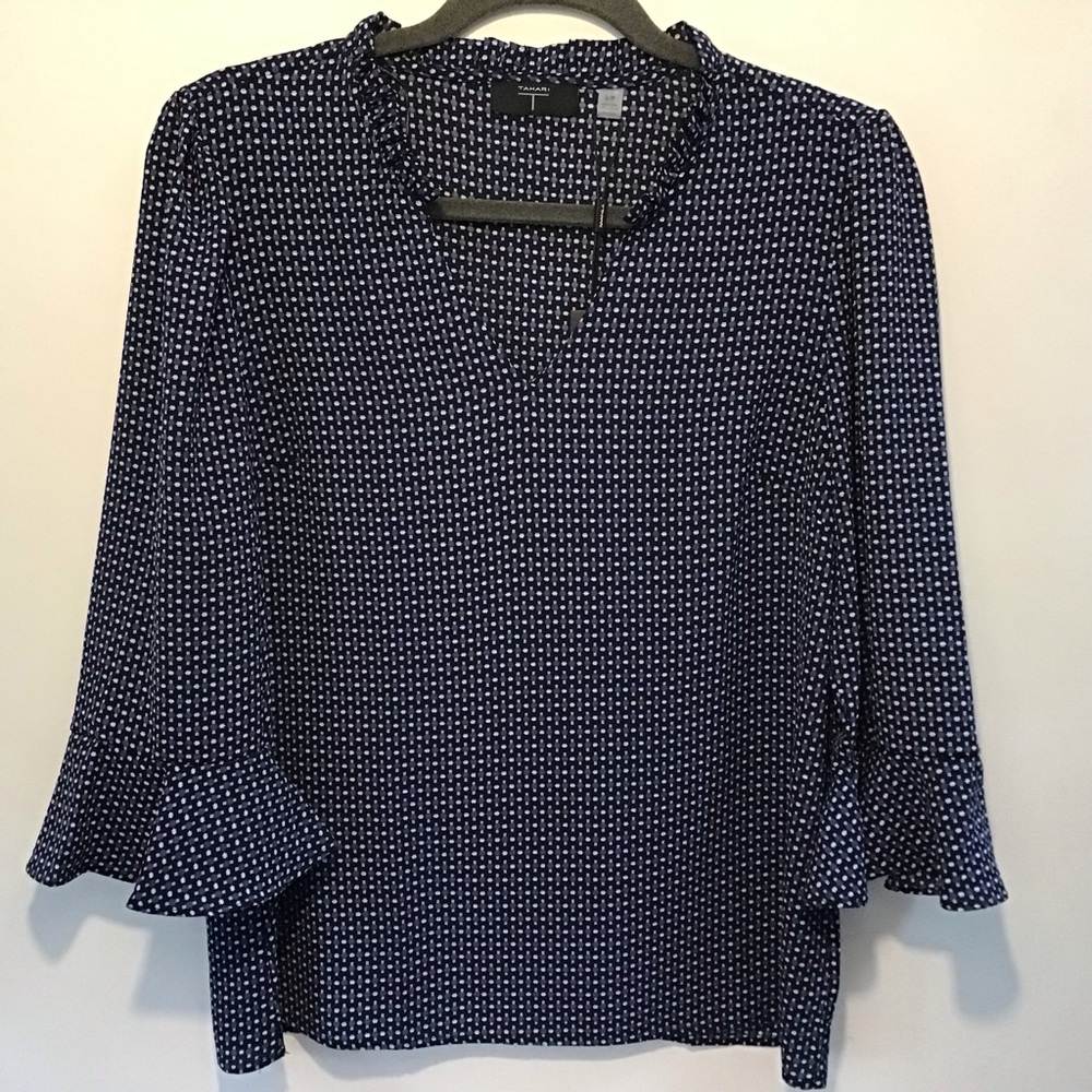 Womans Tahari navy geometric print blouse size S/P